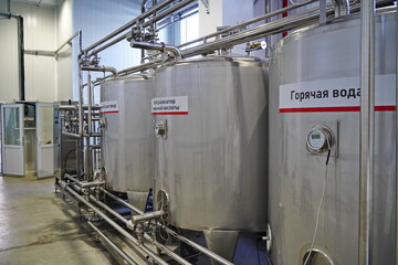 Almaty, Kazakhstan - 03.26.2024 : Hot water tanks. The Samal bottled water production plant.