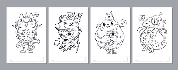 Doodle coloring page for children and adults. Black and white vector characters. Vector doodle illustration