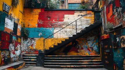 Fototapeta premium A bold and colorful graffiti mural on an otherwise bland alley wall, transforming the space with its striking creativity. graffiti art, urban transformation