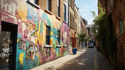 Fototapeta premium A bold and colorful graffiti mural on an otherwise bland alley wall, transforming the space with its striking creativity. graffiti art, urban transformation