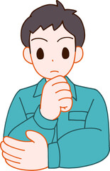 作業服を着た考えるデフォルメ男性のイラスト