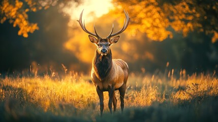 A male elk standing in a green grass, evening sunlight shining on the antlers, clear details