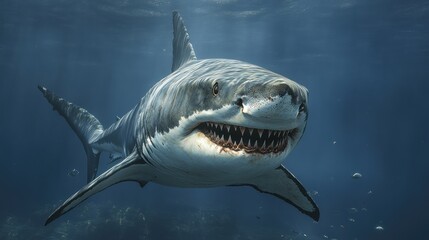 Naklejka premium A Megalodon shark in the deep sea Large and sharp-toothed, swimming in the deep sea, among small prehistoric fish.