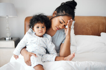 Mother, baby and tired with headache, burnout and depression as maternity or parenting in home....