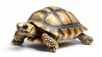 Fototapeta premium A tortoise is walking slowly on the floor, with a hard shell and small legs that move slowly.