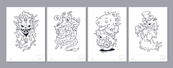 Doodle coloring page for children and adults. Black and white vector characters. Vector doodle illustration