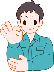 作業服を着た指をさす笑顔のデフォルメ男性のイラスト