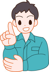 作業服を着た指をさす笑顔のデフォルメ男性のイラスト
