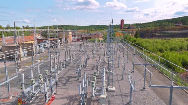 Electric substation with electrical infrastructure for power distribution, drone