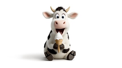 A cute cartoon cow eating ice cream from a cone, looking joyful, white background. Ultra-Realistic, Photo Realistic, highly detailed, 