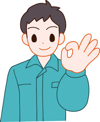 作業服を着たOKする笑顔のデフォルメ男性のイラスト