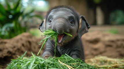 Baby elephant grabbing grass with its trunk, with a bright and playful expression