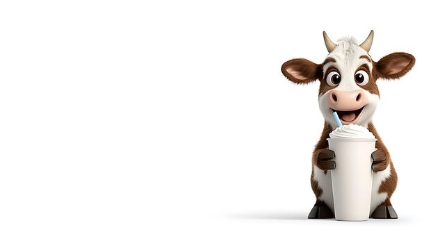 A funny cartoon cow drinking a large milkshake with a straw, looking delighted, white background. Ultra-Realistic, Photo Realistic, highly detailed, 