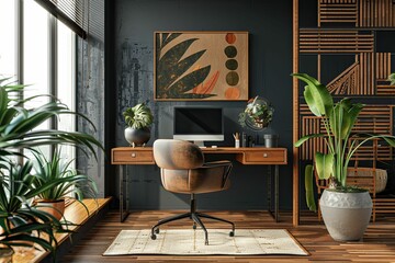 Modern home office with plants and wooden furniture.
