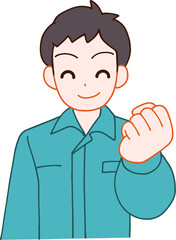 作業服を着たガッツポーズする笑顔のデフォルメ男性のイラスト