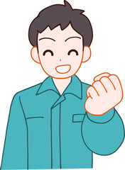 作業服を着たガッツポーズする笑顔のデフォルメ男性のイラスト
