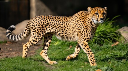Cheetah, standing or running in the savannah, the speed at which the tiger moves is clear, the afternoon sunlight shines through