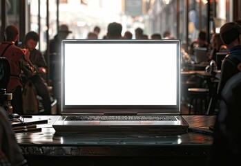 Obraz premium Laptop with blank screen in cafe.