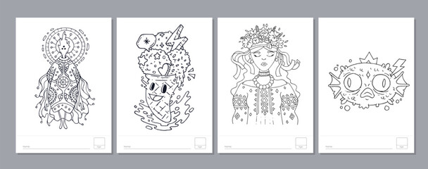 Doodle coloring page for children and adults. Black and white vector characters. Vector doodle illustration