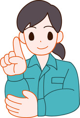 作業服を着た指をさす笑顔のデフォルメ女性のイラスト