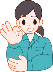 作業服を着たOKする笑顔のデフォルメ女性のイラスト
