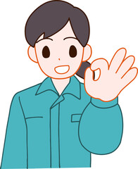 作業服を着たOKする笑顔のデフォルメ女性のイラスト