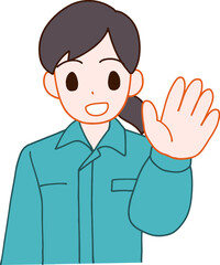 作業服を着た挨拶する笑顔のデフォルメ女性のイラスト