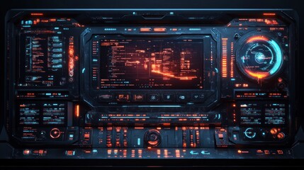 Obraz premium Futuristic control panel with glowing interfaces and data displays.