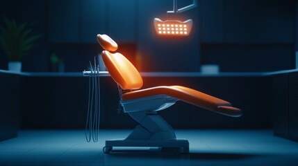 Modern dental chair in a dimly lit clinic