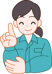 作業服を着た笑顔で指をさすデフォルメ女性のイラスト