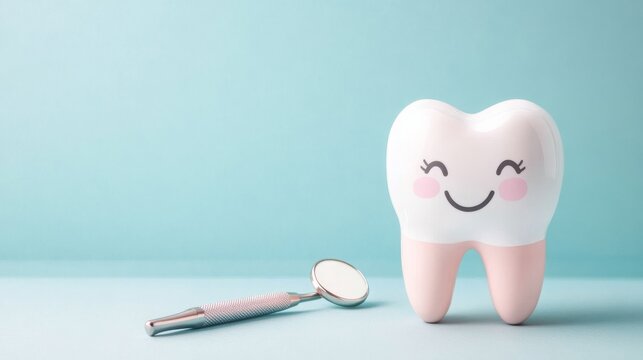 Cheerful tooth character with dental mirror on pastel background