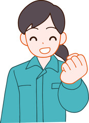 作業服を着たガッツポーズする笑顔のデフォルメ女性のイラスト