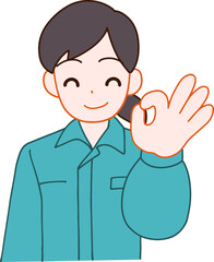 作業服を着たOKする笑顔のデフォルメ女性のイラスト