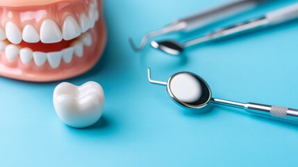 Dental tools and model teeth on a blue background