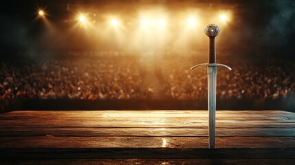 Ancient sword on rustic table, a dramatic scene before crowd, evoking history, fantasy, and adventure