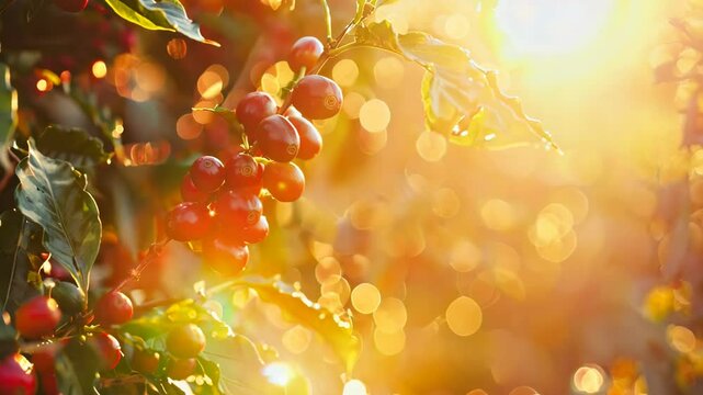 Ripe red coffee beans growing on a coffee plant on a plantation at sunset or sunrise