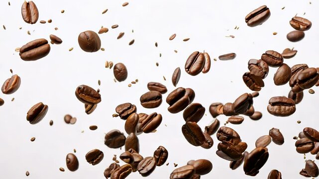 Coffee beans falling on a white background