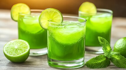 Fototapeta premium Three glasses of refreshing limeade with lime slices and fresh mint 