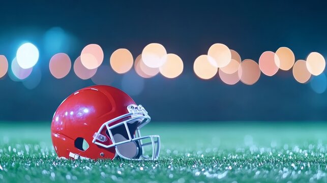Illuminated american football helmet on field, capturing the essence of game night under stadium lights