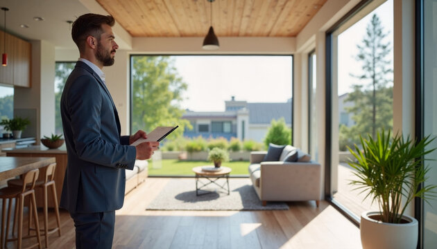 Real estate agent showcases a stunning new home while holding house keys and preparing for a client walkthrough
