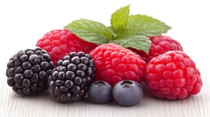 Vibrant red berries and lush green leaves, a study of freshness on pristine white background