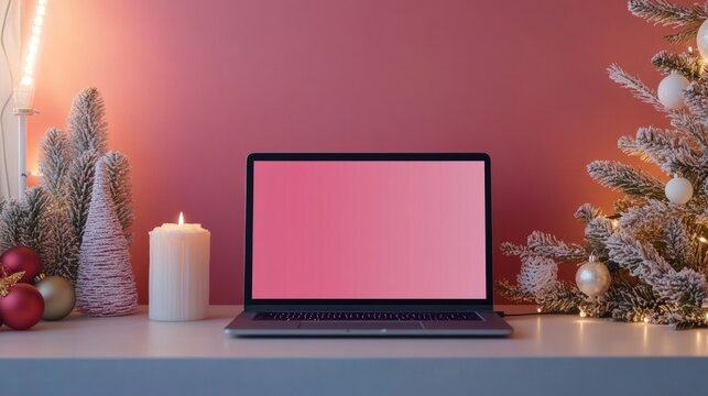 Festive Holiday Sales Presentation Template on Laptop Mockup with Seasonal Background