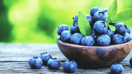 Closeup of fresh blueberries in a bowl on rustic wooden table, healthy and delicious treat