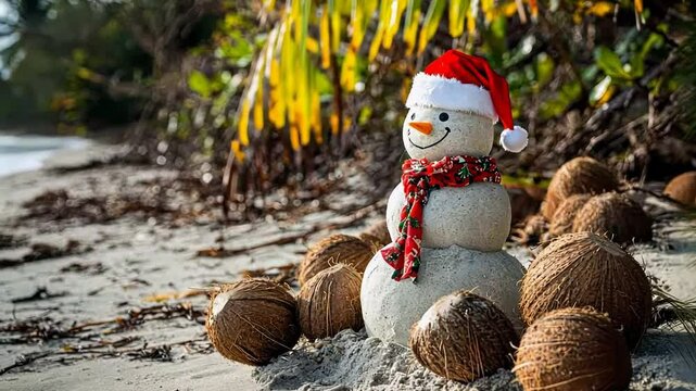 Creative a sandman instead of a snowman wearing a Santa hat and scarf on the beach, surrounded by tropical Christmas decorations like coconuts	