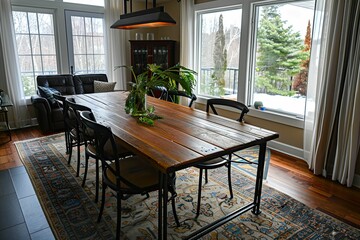 Rustic dining table with chairs, rug, and plants.