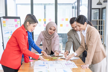 Team of asian business working with finances analysis report meeting in office, business financing, accounting banking, Business teamwork, Team of creative asian business meeting and business planning