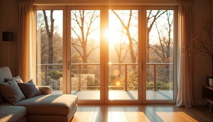 Fototapeta premium Sunlight streaming through large windows in a modern living room, creating a warm and inviting atmosphere 