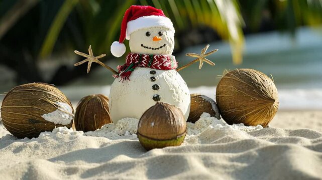 Creative a sandman instead of a snowman wearing a Santa hat and scarf on the beach, surrounded by tropical Christmas decorations like coconuts	