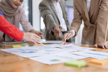 Confident team of Asian business people stands at office, employees friendly team, business professionals executive,