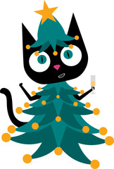 Charming black cat dressed in a Christmas tree costume, bringing a whimsical and festive vibe to holiday themed designs. Perfect for adding joy and humor to Christmas visuals with a playful twist. 